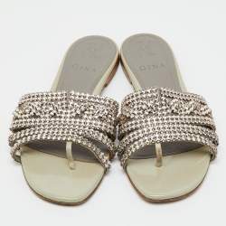 Pre Owned Gina Grey Leather Loren Crystal Embellished Flat Slide Sandals Size 39