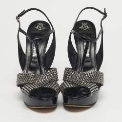 مملوكة مسبقًا Gina Size 40.5 Black Patent Leather Crystal Embellished T-Strap Platform Sandals