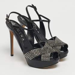 مملوكة مسبقًا Gina Size 40.5 Black Patent Leather Crystal Embellished T-Strap Platform Sandals