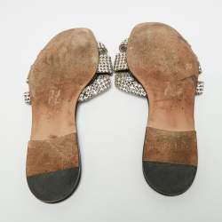 Pre Owned Gina Size 40 Black Leather Crystal Embellished Flat Slide Sandals