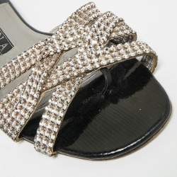 Pre Owned Gina Size 40 Black Leather Crystal Embellished Flat Slide Sandals