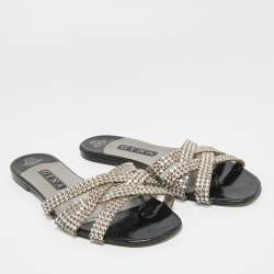 Pre Owned Gina Size 40 Black Leather Crystal Embellished Flat Slide Sandals