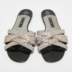 Pre Owned Gina Size 40 Black Leather Crystal Embellished Flat Slide Sandals