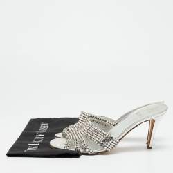 مملوكة مسبقًا Gina Size 39 Silver Leather Crystal Embellished Slide Sandals