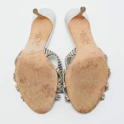 مملوكة مسبقًا Gina Size 39 Silver Leather Crystal Embellished Slide Sandals