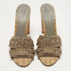 Pre Owned Gina Size 38.5 Brown Croc Embossed Leather Crystal Embellished Slide Sandals