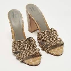 Pre Owned Gina Size 38.5 Brown Croc Embossed Leather Crystal Embellished Slide Sandals
