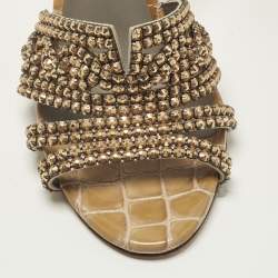 Pre Owned Gina Size 38.5 Brown Croc Embossed Leather Crystal Embellished Slide Sandals