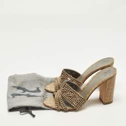 Pre Owned Gina Size 38.5 Brown Croc Embossed Leather Crystal Embellished Slide Sandals