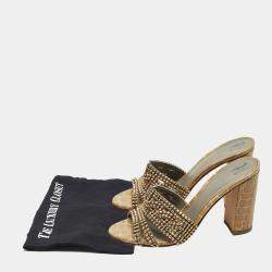 Pre Owned Gina Size 38.5 Brown Croc Embossed Leather Crystal Embellished Slide Sandals