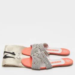 Pre Owned Gina Size 37.5 White/Pink Leather Crystal Embellished  Flat Sandals