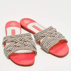 Pre Owned Gina Size 37.5 White/Pink Leather Crystal Embellished  Flat Sandals
