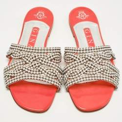Pre Owned Gina Size 37.5 White/Pink Leather Crystal Embellished  Flat Sandals