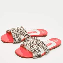 Pre Owned Gina Size 37.5 White/Pink Leather Crystal Embellished  Flat Sandals