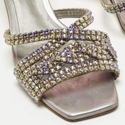 Pre Owned صندل سلايد جينا جلد أرجواني/أخضر مزخرف كريستال مقاس 40