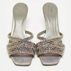 Pre Owned صندل سلايد جينا جلد أرجواني/أخضر مزخرف كريستال مقاس 40