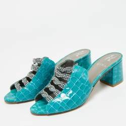 Pre Owned Gina Size 38.5 Blue Croc Embossed Patent Leather Crystal Embellished Mules