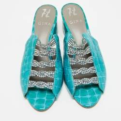 Pre Owned Gina Size 38.5 Blue Croc Embossed Patent Leather Crystal Embellished Mules