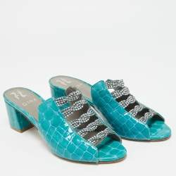 Pre Owned Gina Size 38.5 Blue Croc Embossed Patent Leather Crystal Embellished Mules