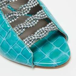 Pre Owned Gina Size 38.5 Blue Croc Embossed Patent Leather Crystal Embellished Mules