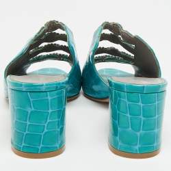 Pre Owned Gina Size 38.5 Blue Croc Embossed Patent Leather Crystal Embellished Mules
