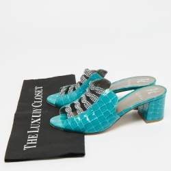 Pre Owned Gina Size 38.5 Blue Croc Embossed Patent Leather Crystal Embellished Mules