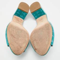 Pre Owned Gina Size 38.5 Blue Croc Embossed Patent Leather Crystal Embellished Mules