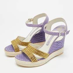 Pre Owned Gina Size 38 Purple Python Leather Crystal Embellished Wedge Ankle Strap Sandals