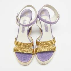 Pre Owned Gina Size 38 Purple Python Leather Crystal Embellished Wedge Ankle Strap Sandals