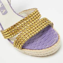 Pre Owned Gina Size 38 Purple Python Leather Crystal Embellished Wedge Ankle Strap Sandals