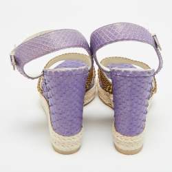 Pre Owned Gina Size 38 Purple Python Leather Crystal Embellished Wedge Ankle Strap Sandals