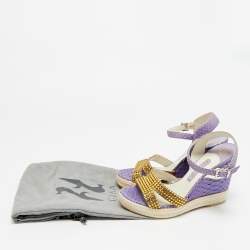 Pre Owned Gina Size 38 Purple Python Leather Crystal Embellished Wedge Ankle Strap Sandals