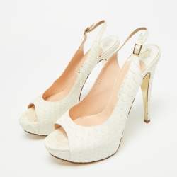 Pre Owned صندل جينا فتحة كعب نعل سميك مقدمة مفتوحة جلد نقش ثعبان أبيض مقاس 40