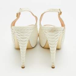 Pre Owned صندل جينا فتحة كعب نعل سميك مقدمة مفتوحة جلد نقش ثعبان أبيض مقاس 40