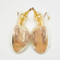 Pre Owned صندل جينا فتحة كعب نعل سميك مقدمة مفتوحة جلد نقش ثعبان أبيض مقاس 40