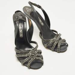 Pre Owned صندل جينا تي-ستراب منصة مزخرف كريستال جلد لامع أسود مقاس 40.5