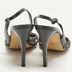 Pre Owned صندل جينا تي-ستراب منصة مزخرف كريستال جلد لامع أسود مقاس 40.5