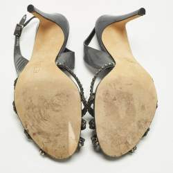 Pre Owned صندل جينا تي-ستراب منصة مزخرف كريستال جلد لامع أسود مقاس 40.5