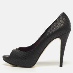 مملوكة مسبقًا Gina Size 40.5 Black Python Leather Platform Peep Toe Pumps