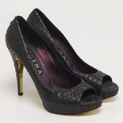 مملوكة مسبقًا Gina Size 40.5 Black Python Leather Platform Peep Toe Pumps