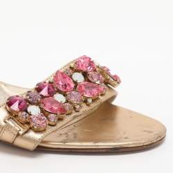 مملوكة مسبقًا Gina Size 37.5 Gold Leather Crystal Embellished Slide Sandals