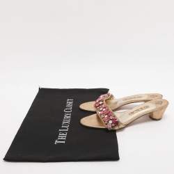 مملوكة مسبقًا Gina Size 37.5 Gold Leather Crystal Embellished Slide Sandals