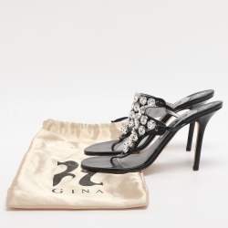 Pre Owned صندل سيور جينا جلد لامع مزخرف بالكريستال أسود مقاس 39