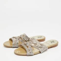 Pre Owned Gina Size 36 Gold Leather Crystal Embellished Flat Slides 