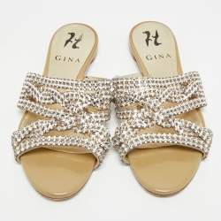 Pre Owned Gina Size 36 Gold Leather Crystal Embellished Flat Slides 