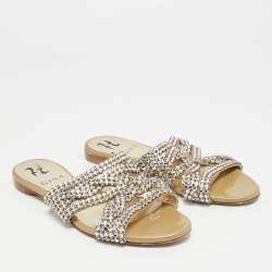 Pre Owned Gina Size 36 Gold Leather Crystal Embellished Flat Slides 