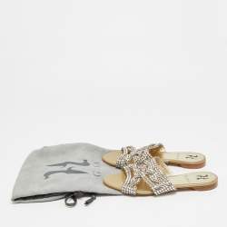 Pre Owned Gina Size 36 Gold Leather Crystal Embellished Flat Slides 