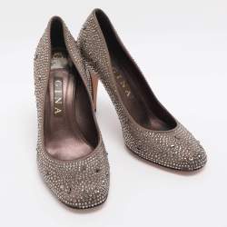 Pre Owned Gina Size 40 Brown Crystals and Satin Pumps