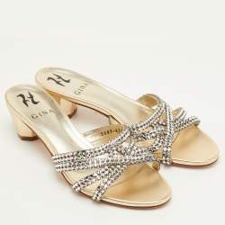 مملوكة مسبقًا صندل سلايد جينا جلد ميتاليك مزخرف كريستال مقاس 38.5
