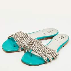 Pre Owned Gina Lexi Size 38.5 Green Patent Leather Crystal Embellished Flat Slide Sandals